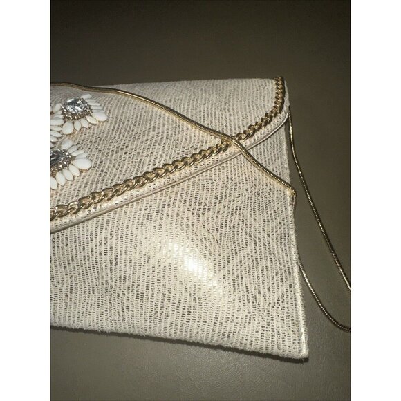 Kate Landry Cream Gold Chain White Jewel Stone Convertible Cocktail Clutch Purse - Picture 3 of 10